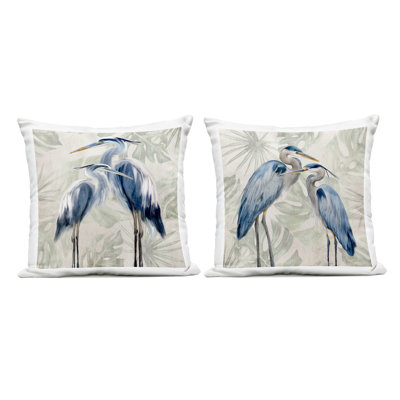 Ensemble de 2 coussins Blue Heron Palm, imprimé par Kim Allen