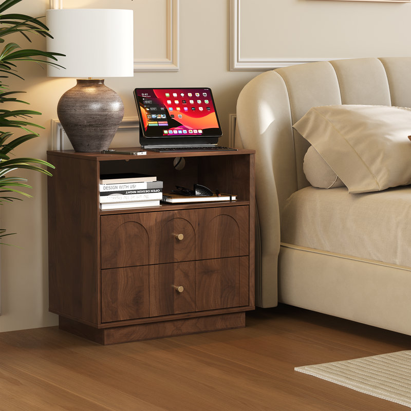 Table de chevet à 2 tiroirs avec station de charge, table de bout arquée de style moderne Mid-Century avec tablette de rangement, table de chevet pour chambre à coucher, bureau