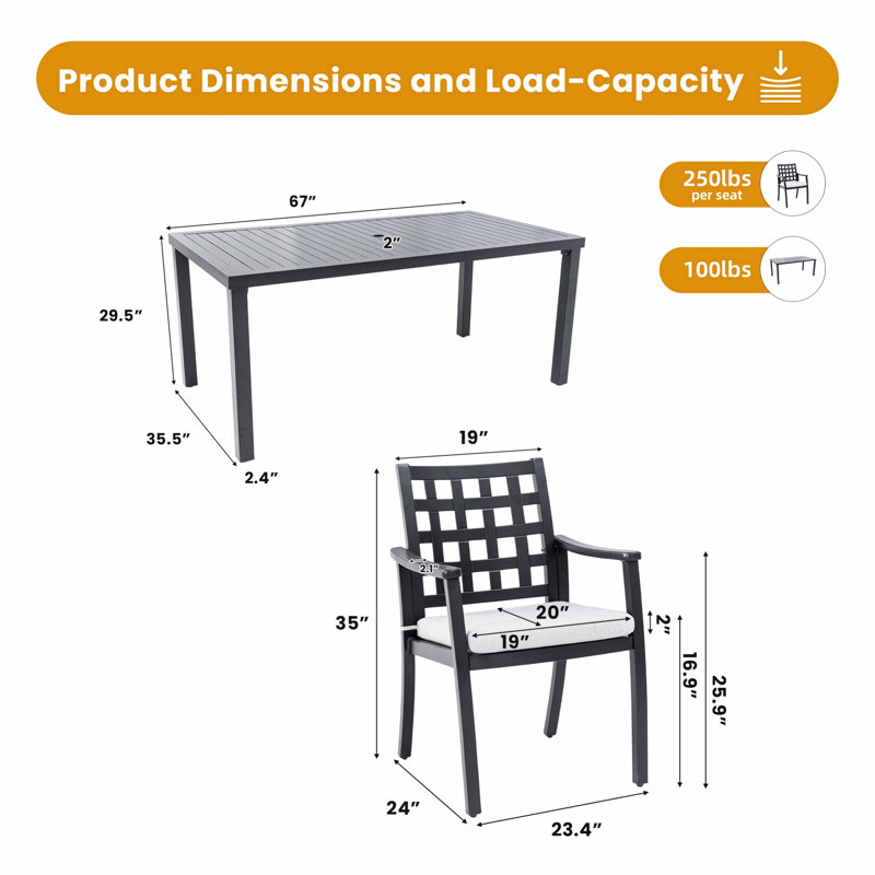 Ensemble de salle à manger 7 pièces pour patio, table rectangulaire d'extérieur et six chaises de jardin, 6