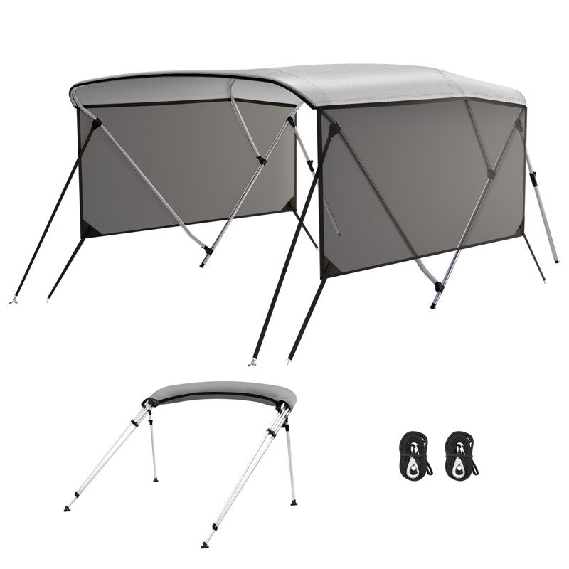 Housse de protection en toile de qualité supérieure pour bateau avec 3 arceaux en toile de qualité marine, 2 poteaux de support arrière réglables, parois latérales en filet amovibles, 2 sangles, coffre de rangement à fermeture à glissière, H 6 pi x H 46 po x l 61 à 66 po