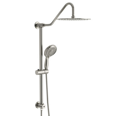 Ensemble de douche de 25 cm en nickel brossé - Double pommeau avec 5 modes de jet : massage, mousse, pluie, pluie et mousse, pluie et massage. Fixation murale. Comprend : bras, flexible, tige de réglage, couvercle émaillé et obus de valve.