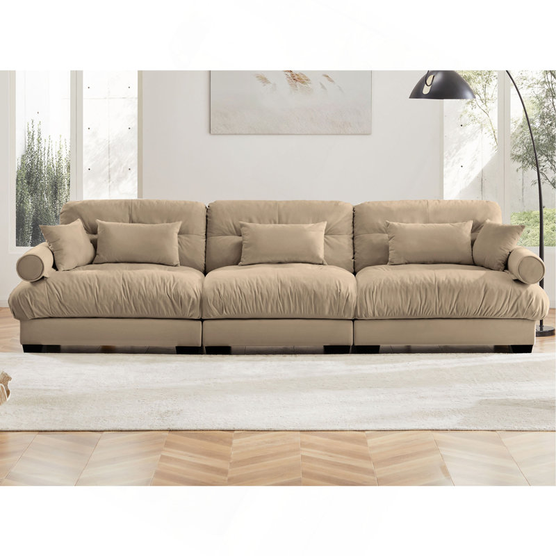Très grand canapé en velours moderne à 3 places, canapé surdimensionné, siège confortable et dossier confortable, avec coussins de taille et coussins décoratifs, chameau
