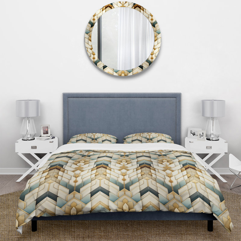 Ensemble de housse de couette à motif de chevrons dorés et bleus Splendor, Housse de couette pour grand lit et 2 taies décor