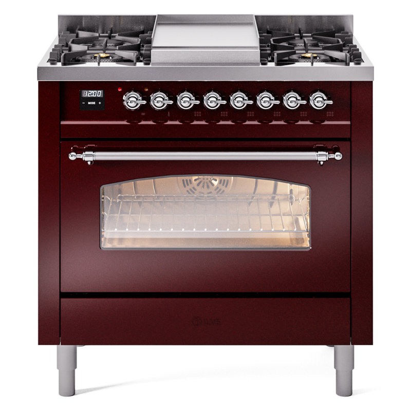 ILVE Nostalgie II Series 36 inch Dual Fuel Range with 6 Burners, Griddle (Glass Door), Burgundy/Chrome, Liquid Propane