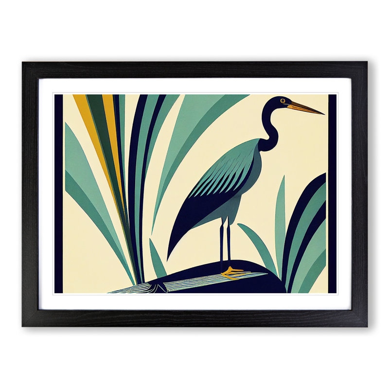 Heron Bird Abstract - Single Picture Frame Print, Black, 46cm H x 64cm W x 2cm D