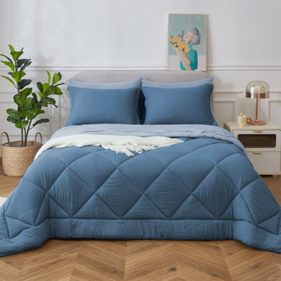 7 Piece Washed Microfiber All Season Comforter Set - Diamond-Stitched Quilting Bedding Set, Solid Reversible Down Alternative Filling Duvet Insert ,Fluffy Breathable Farmhouse Microfiber Comforter
