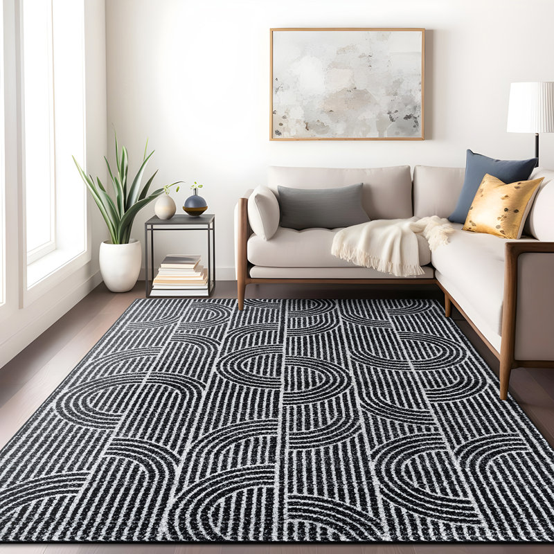Tapis rayé à motif arche moderne Rambo noir / ivoire / gris, Rectangle 8 pi x 10 pi