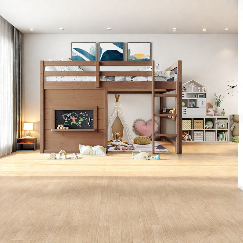 Lit mezzanine double peu encombrant, rangement pour chambre d'enfant rustique en bois aggloméré