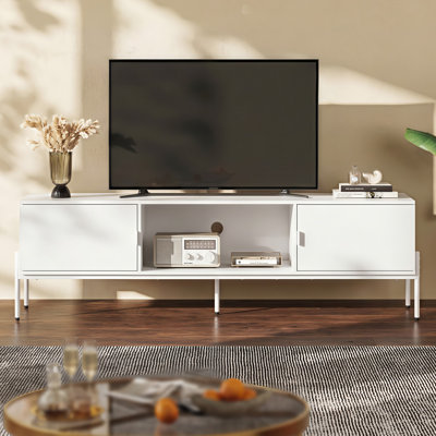 Meuble télé pour téléviseur de 65 pouces, centre de divertissement moderne Mid-Century avec 2 armoires de rangement et tablette ouverte, console de télévision avec pieds en métal pour le salon et la chambre à coucher