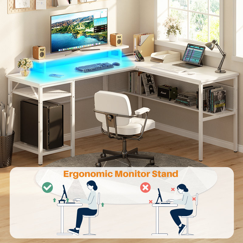 Toria 55'' L-Shaped Desk with Storage, Power Outlets and LED Strip, White/White