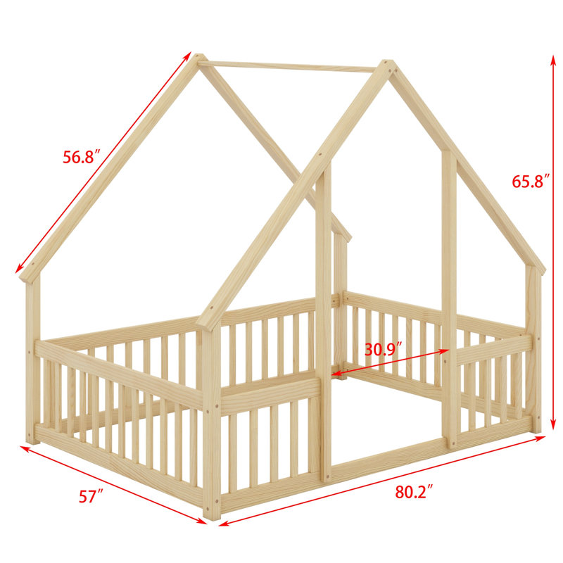 Lit en bois avec rails de sécurité, Lit double, Naturel