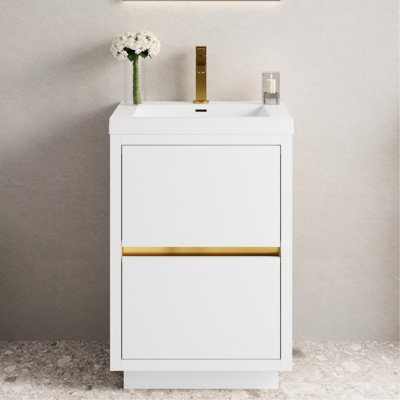 24" Bathroom Storage Vanity, Glossy White. Pre-Assembled For Quick Setup. Generous Capacity. Superior Stone Resin Countertop. Wood Cabinet Freestanding Vanity With Sink, Hassle- Ample Interior