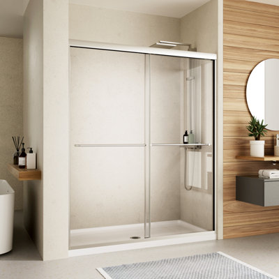 44-48" W x 70" H Framed Shower Door Double Sliding Door with 1/4" (6mm) Clear Tempered Glass, 2 Towel Bars for Walk-in Bathroom, Chrome Finish Shower Doors, Reversible Installation