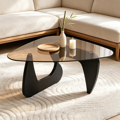 Mid-Century Glass Coffee Table with Manufactured Wood Base, Triangle Tea Table