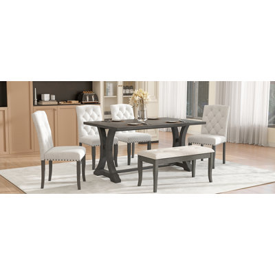 Rectangular Trestle Table and 4 Upholstered Chairs & Bench
