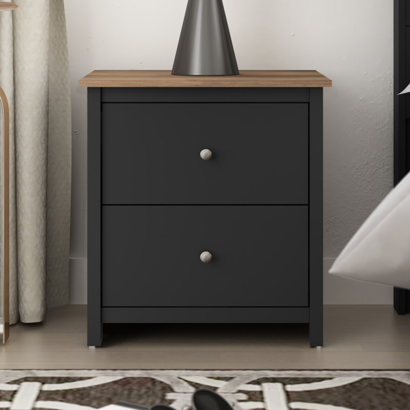 Isenbert 21.9" 2 Drawer Nightstand, Black/Knotty Oak