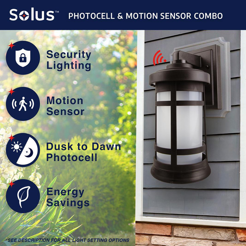 Solus Artisan Small Cylinder Wall Mount Security Lantern with Frosted Lens, Dusk-to-Dawn Sensor & Motion Sensor, Bronze