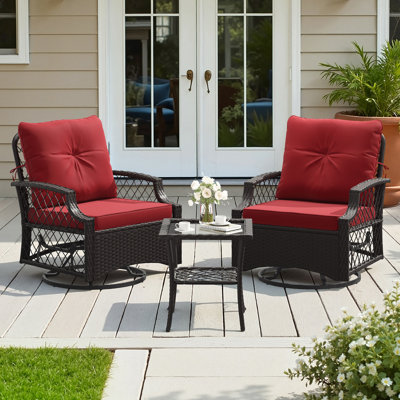 3-Piece Patio Furniture Set, Wicker Outdoor Bistro Set Swivel Glider Patio Chairs x 2 with Cushions, Side Table x 1, High Back All-Weather Rattan Outdoor Furniture for Porch, Backyard