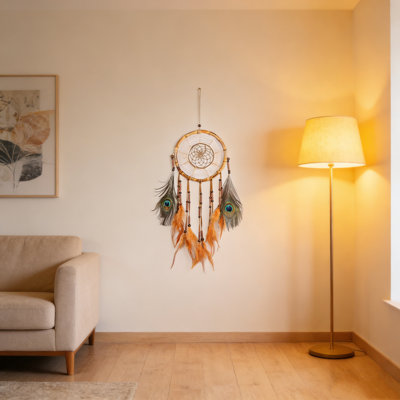 Handmade Fake Feather Peacock Hanging Ornament Bamboo Circle Dream Net Wall Decor, Yellow