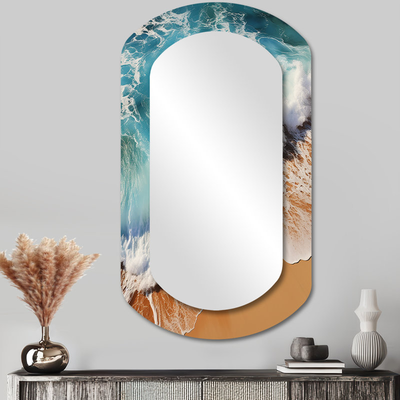 Miah Tropical beach vue aérienne III - Miroir mural asymétrique de plage, miroir décoratif cylindrique bleu, impression sur métal