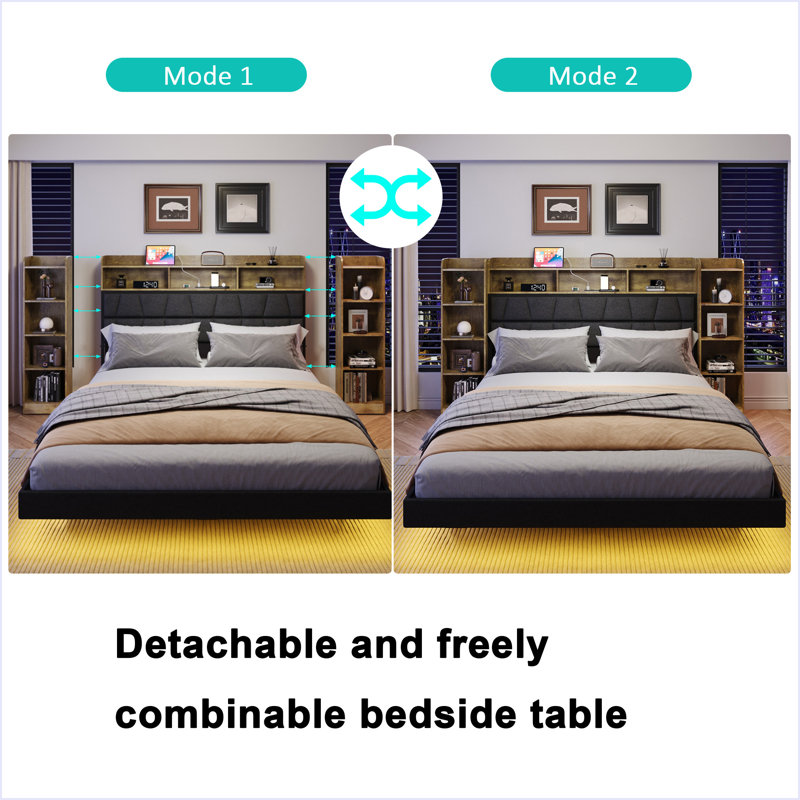 Floating Queen Bed Frame With LED Light And Bookcase