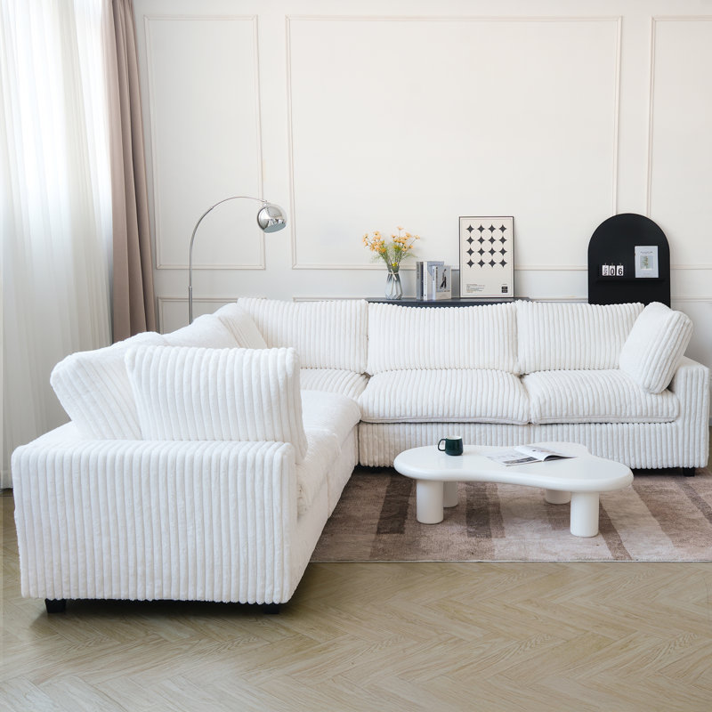 5 - Piece Upholstered Sectional, Beige  Faux Fur