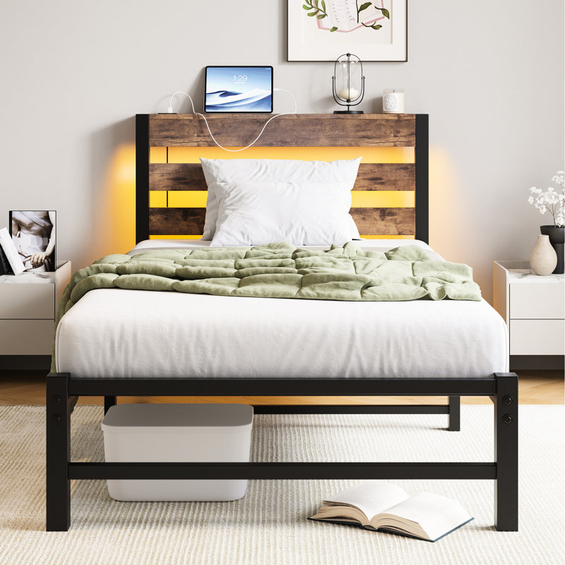 Structure de lit simple de taille double, tête de lit, charge, DEL, pas de sommier tapissier, lattes en métal robustes et silencieuses, cadre de rangement inférieur avec fonction de charge, ressort requis, métal stable, bruit, extension