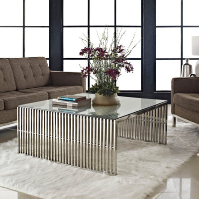 Small Gridiron Stainless Steel Coffee Table with Tempered Glass Top