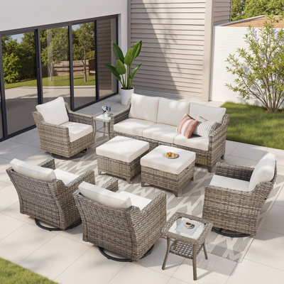 Patio Furniture Set, 9 Pieces Outdoor Wicker Rattan Sofa Couch With Swivel Rocking Chair, Ottomans And Comfy Cushions, All Weather Patio Conversation Sets, Suit For Porch Deck Garden