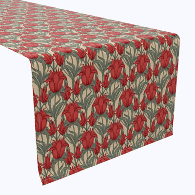 Table Runner, 100% Cotton, 16X108", Scarlet Red Flowers