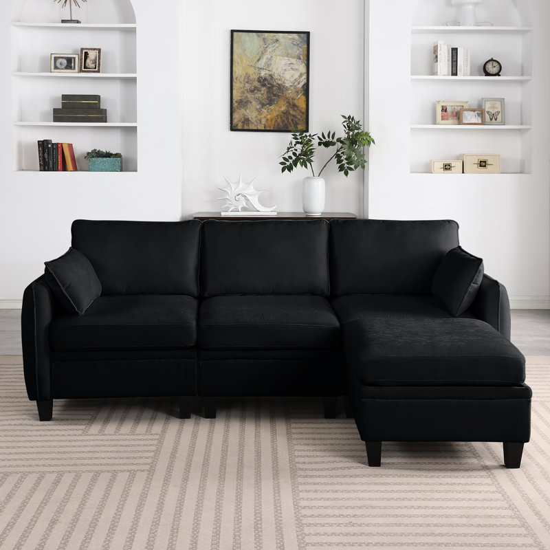Canapé d'angle en chenille noire de 216 cm (85 po), rangement pour salon, design modulable flexible, chenille, coussins
