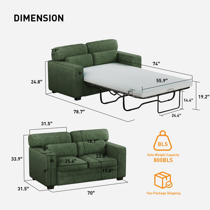Pull Out Sofa Bed, Sleeper Sofa with 2 USB Charging Ports, Comfortable Loveseat Sleeper with Removable Covers, Green
