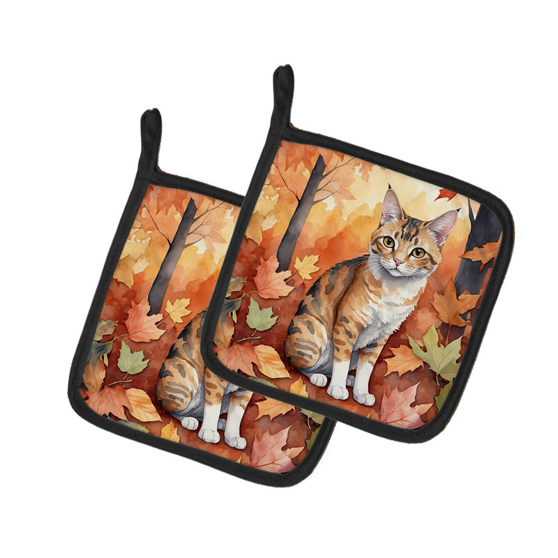 Oregon Rex Cat in Fall Leaves Pair of Pot Holders