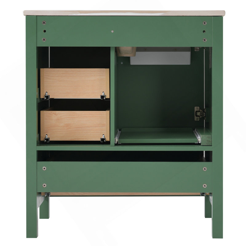 Ensemble de meuble-lavabo vert 30 po avec lavabo, meuble de rangement pour salle de bain avec porte à fermeture douce, 3 tiroirs à fermeture douce et plateau amovible, structure en bois