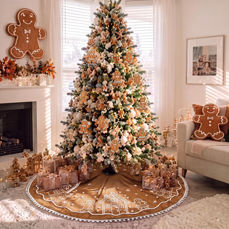 Jupe de sapin de Noël en forme de pain d'épices de 122 cm avec bordure à pompons blancs, grande décoration de Noël pour l'intérieur et l'extérieur