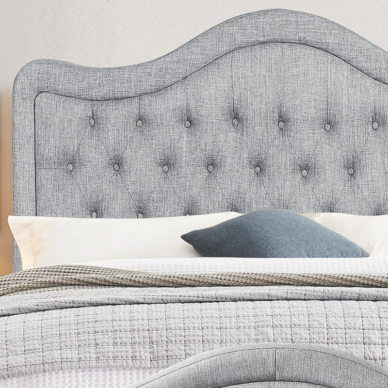 Upholstered Polyester Tufted Button Adjustable Height Headboard with Footboard, Gray, King