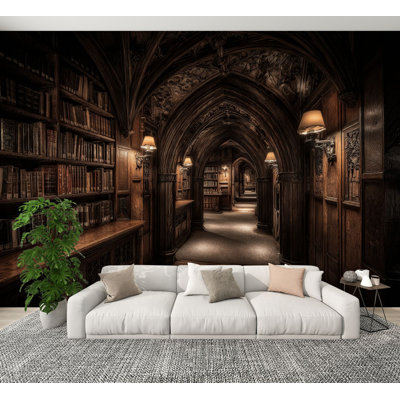 Peel and Stick Wallpaper Vintage European Library Corridor Gothic Arches Aged Books Wall Murals 100"H x 144"W Removable PVC Wall Paper Self-Adhesive Wall Decor for Bedroom Living Room Home Office