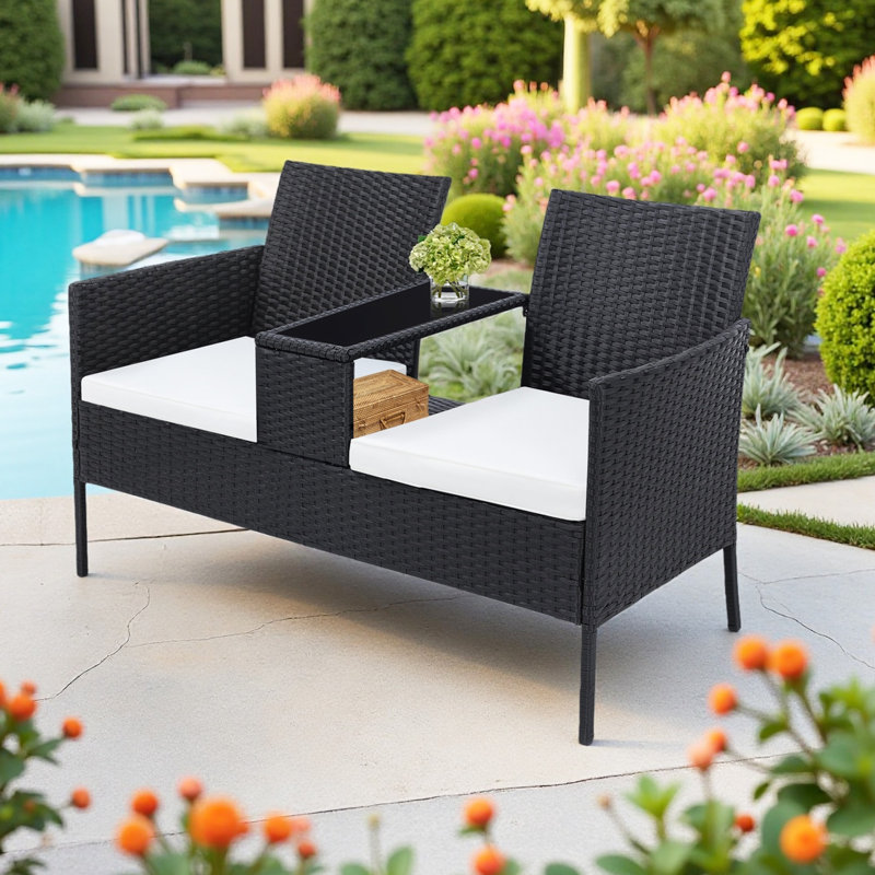 2-Seat Black Wicker Patio Loveseat with Table – Outdoor Rattan Set with Washable Cushion Covers, Black Rattan & White Cushions for Backyard, Garden & Lawn