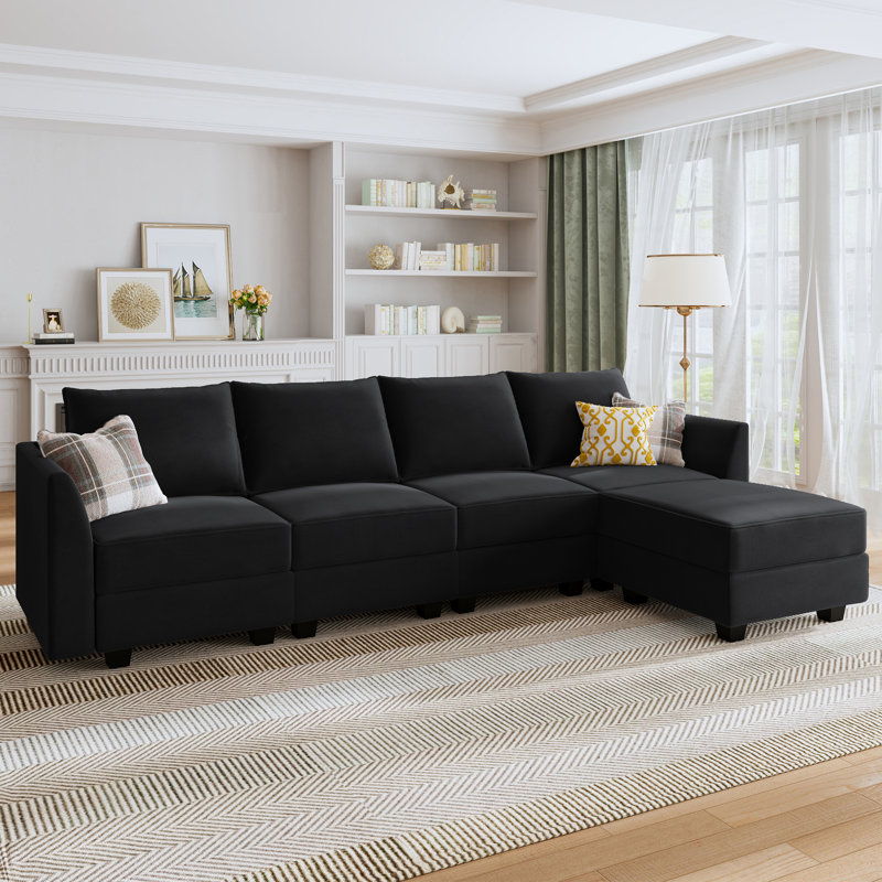 Sabira L Shaped Modular Sectional Couch, Black Velvet