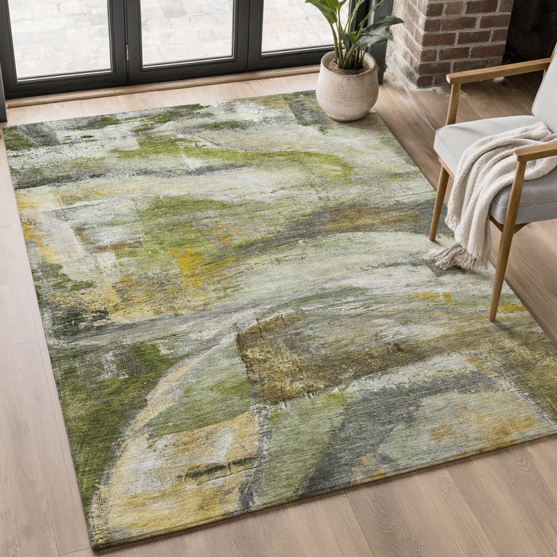 Premium Machine Washable Mayfield AMF2039 Abstract Rug, Olive, 5' x 7'6"