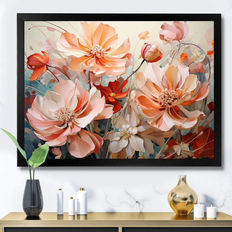 Coral Petal Symphony I - Abstract Botanicals, art mural, H 30 po x l 40 po x P 1,5 po, Cadre simple noir
