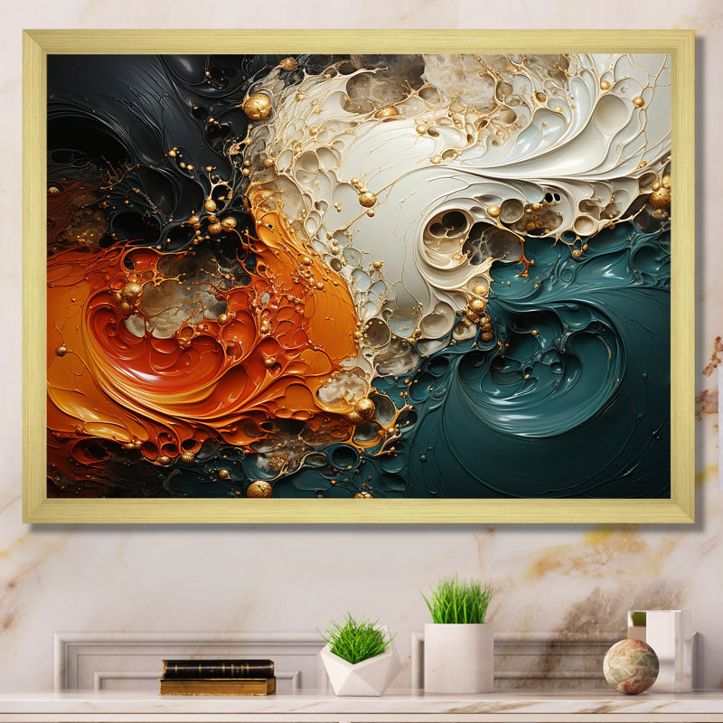 Orange et émeraude marbre lave V - art mural abstrait, Cadre doré à coins fermés, H 16 po x l 32 po x P 1 po
