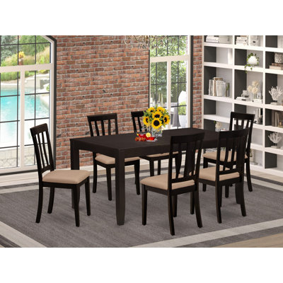 Ensemble de table de salle à manger 7 pièces composé d'une table rectangulaire avec rallonge papillon et 6 chaises de salle à manger en lin, cappuccino