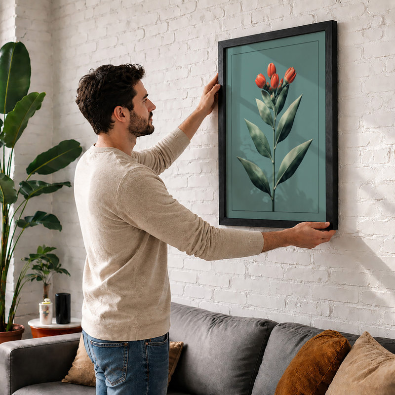 Single Stem In Coral Botanical - Print, A1 - 84.1 x 59.4 cm, Oak