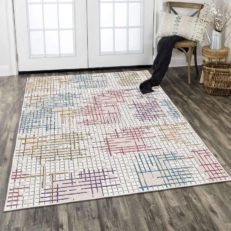Soft Cotton Area Rug 3.3 x 6.6 ft, Antibacterial, Non-Slip PVC Underside | 100% Cotton, 2.6 lbs, 0.4 in Pile Height | Machine Washable, Cream & Blue & Red & Purple & Camel | Perfect for Living Room & Bedroom Decor