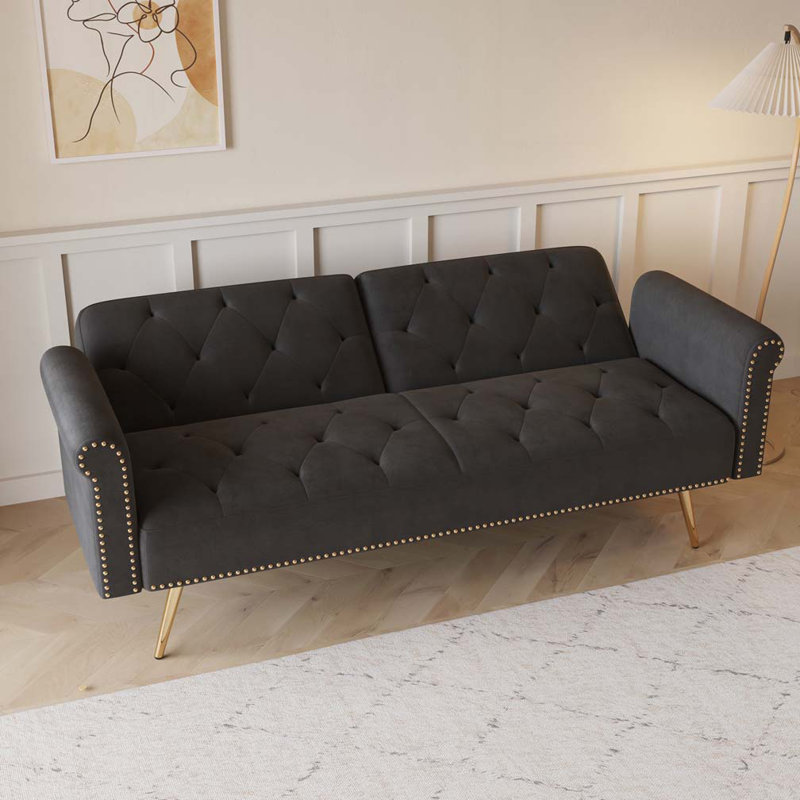 Velvet Fabric Adjustable Sofa Bed, Black