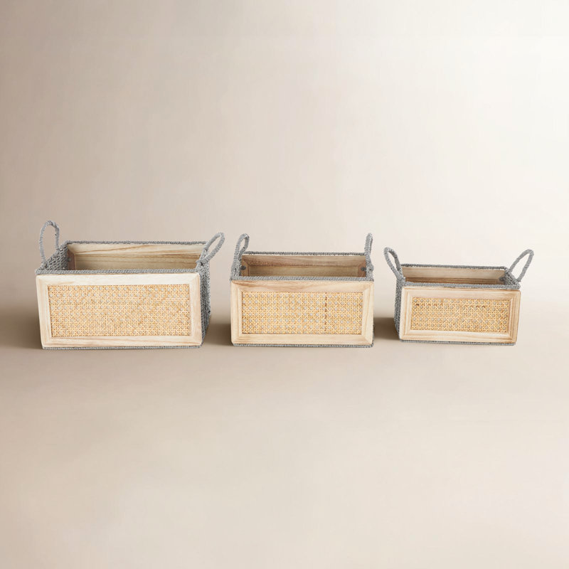 Wood Woven Decorative and Functional Light Brown Storage Basket with Gray Rope Accents Set