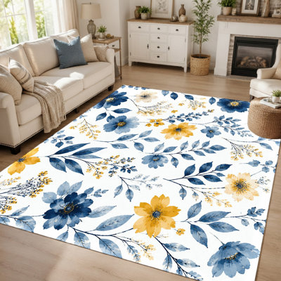 1Pcs Artistic Floral Pattern - Water Washable & Easy Clean, Thin Area Rug with Non-Slip Backing, Decorative Floor Mat for Living Room, Bedroom, Kitchen, Office Indoor for home detor