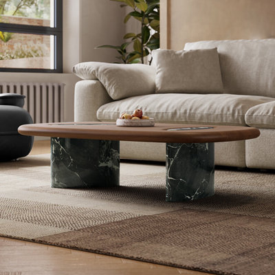 Table basse ovale en noyer fritté + bois manufacturé