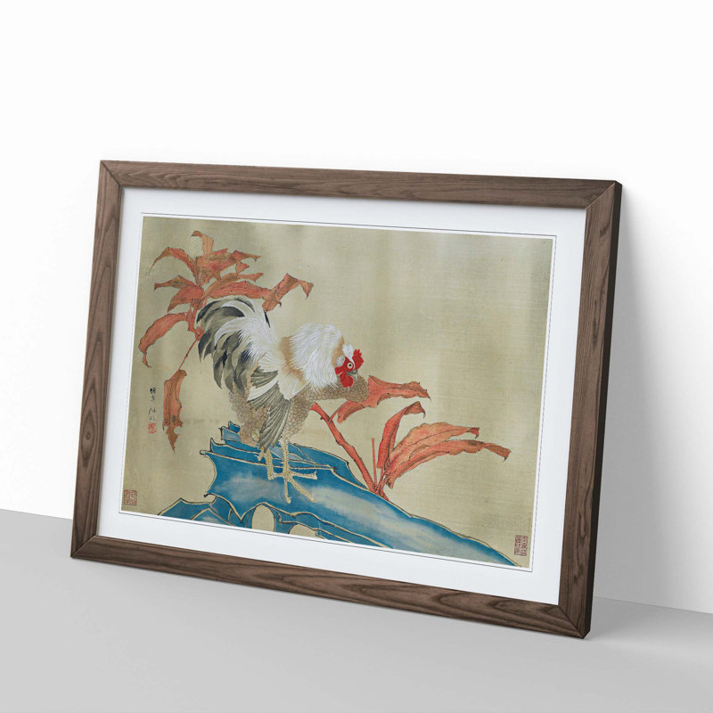 Rooster & Flowers - Picture Frame Graphic Art Print, Walnut, 35cm H x 50cm W x 2cm D